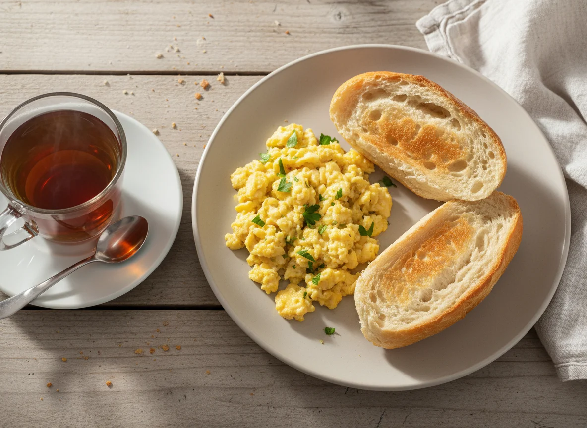 Café da manhã com pão e ovos mexidos photo