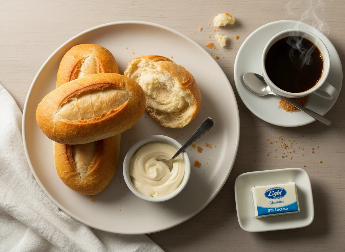 Café da manhã com pão francês e acompanhamentos photo