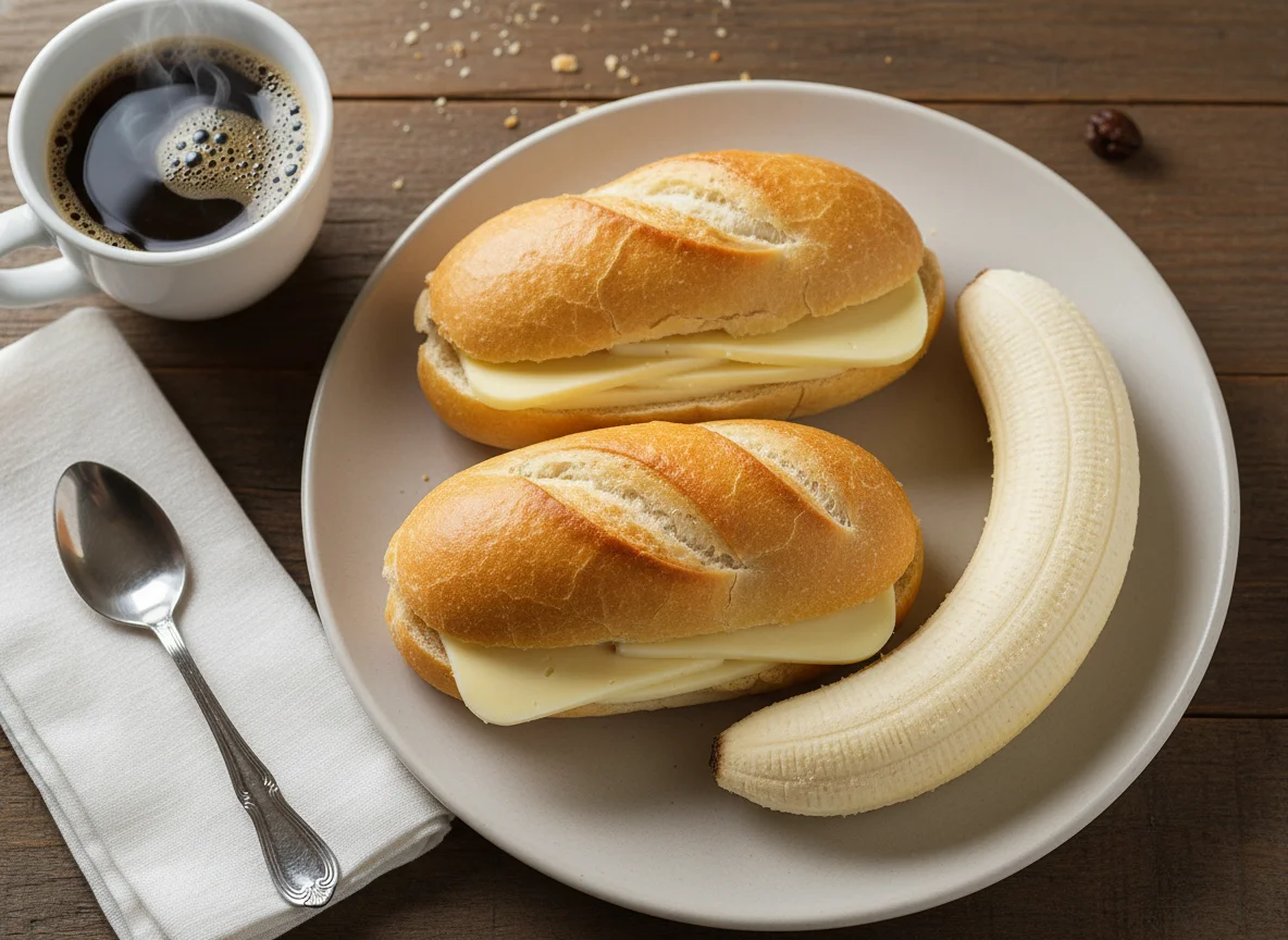 Café da manhã com pão francês e banana photo