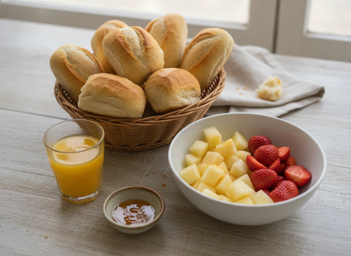Café da manhã com pão francês e frutas photo