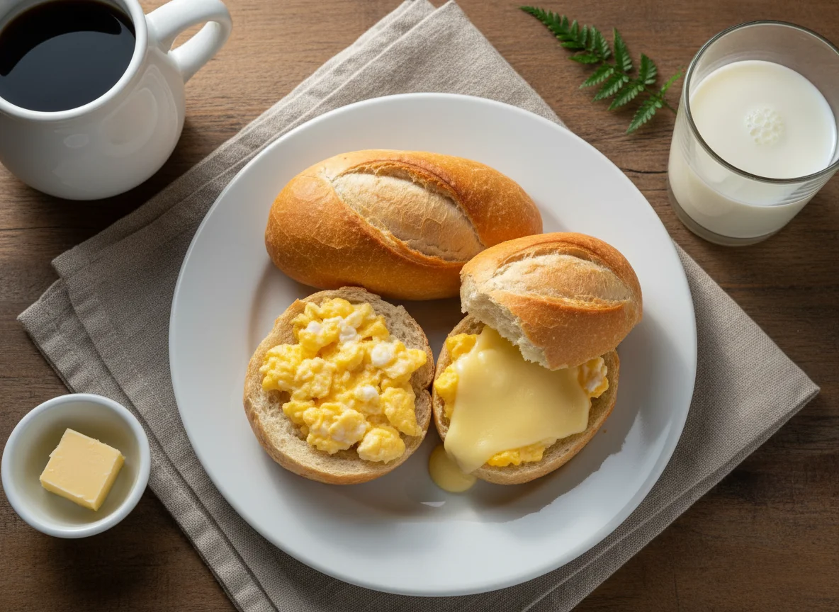 Café da manhã com pão francês e leite photo