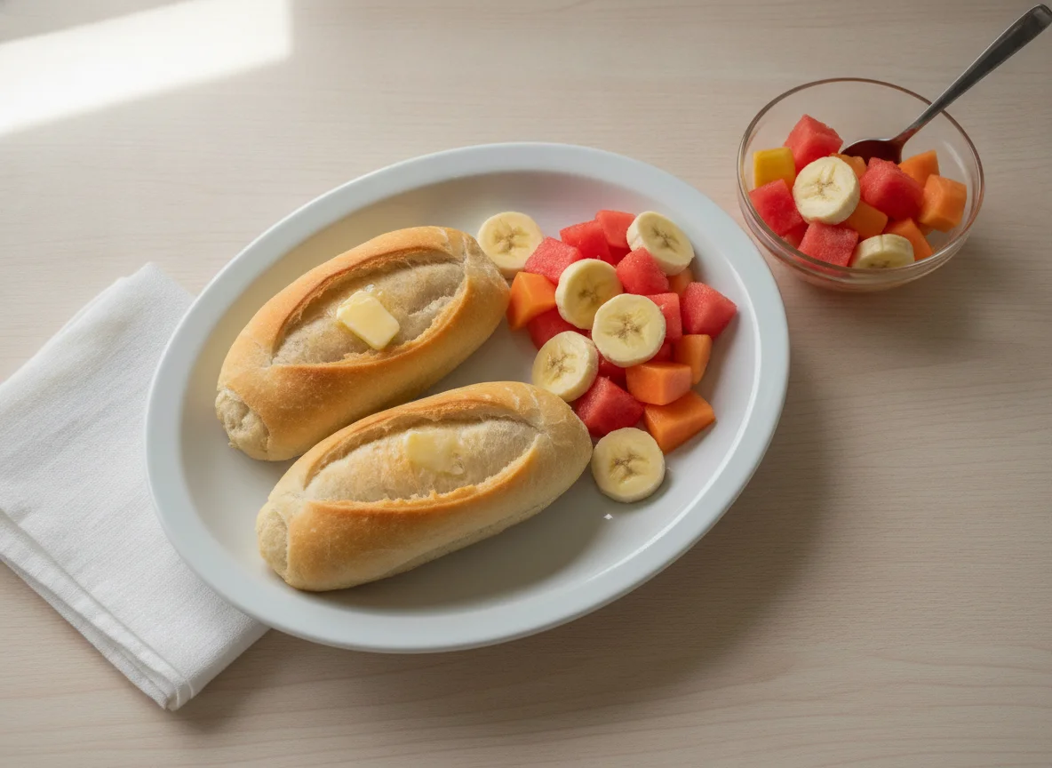 Café da manhã com pão francês e salada de frutas photo