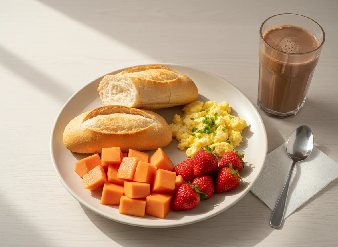 Café da manhã com pão francês, frutas e bebida láctea photo