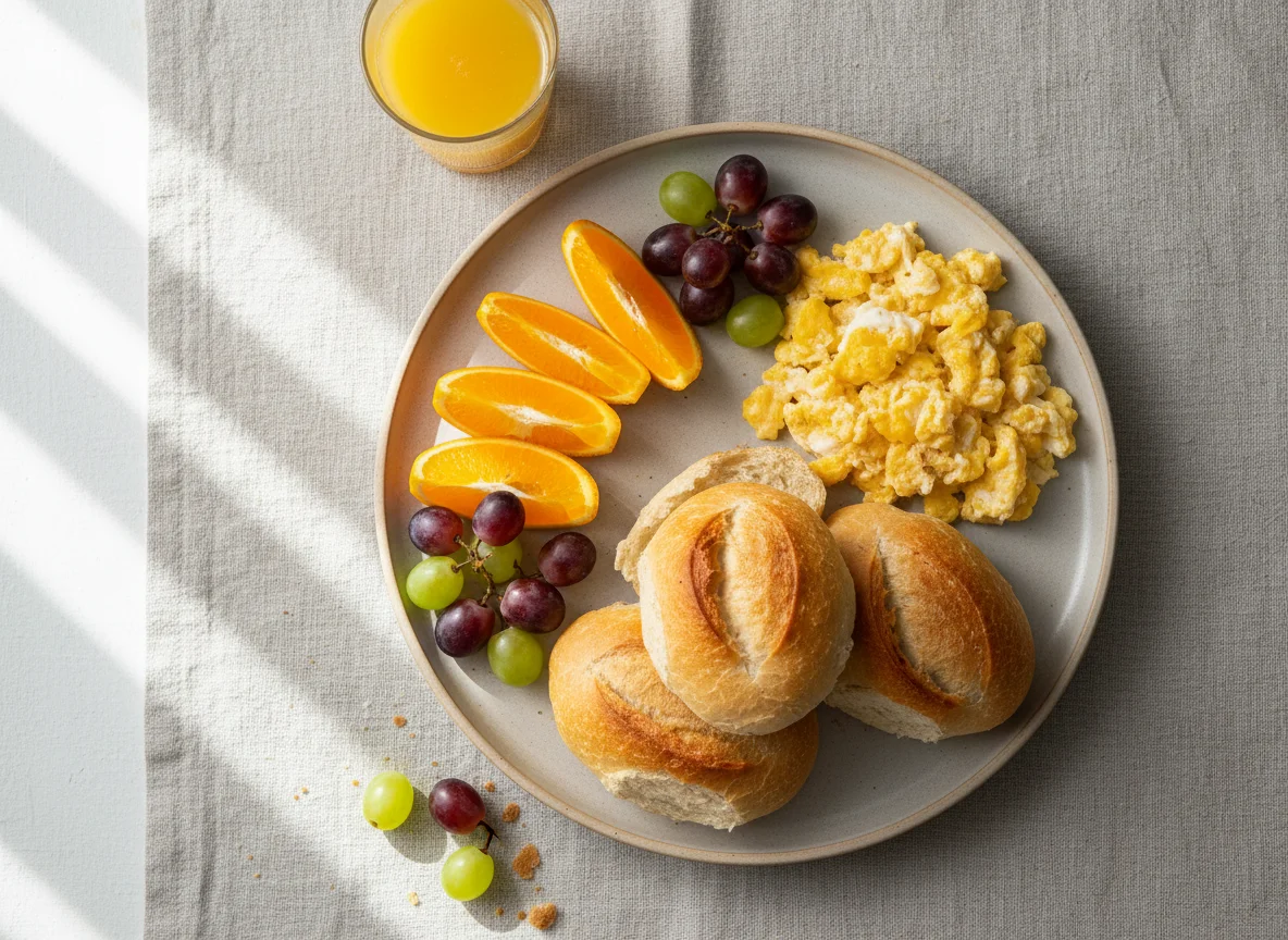 Café da manhã com pão francês, ovo e frutas photo