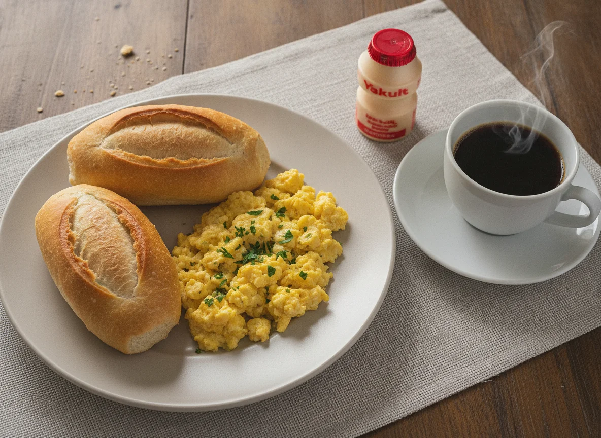 Café da manhã com pão francês, ovos, café e Yakult photo