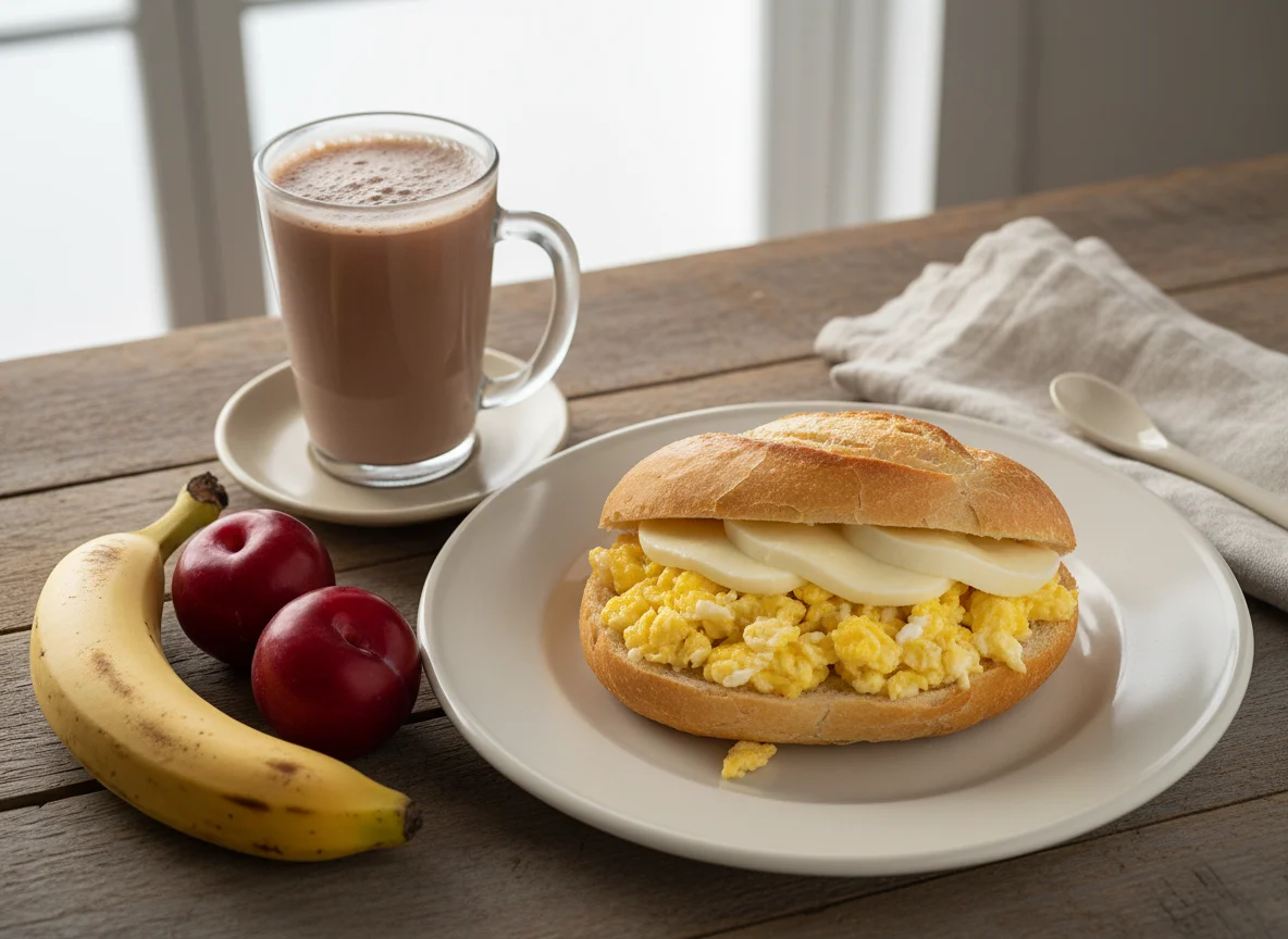 Café da manhã com pão, frutas e achocolatado photo