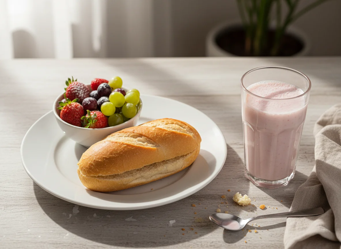 Café da manhã com pão, frutas e bebida láctea photo