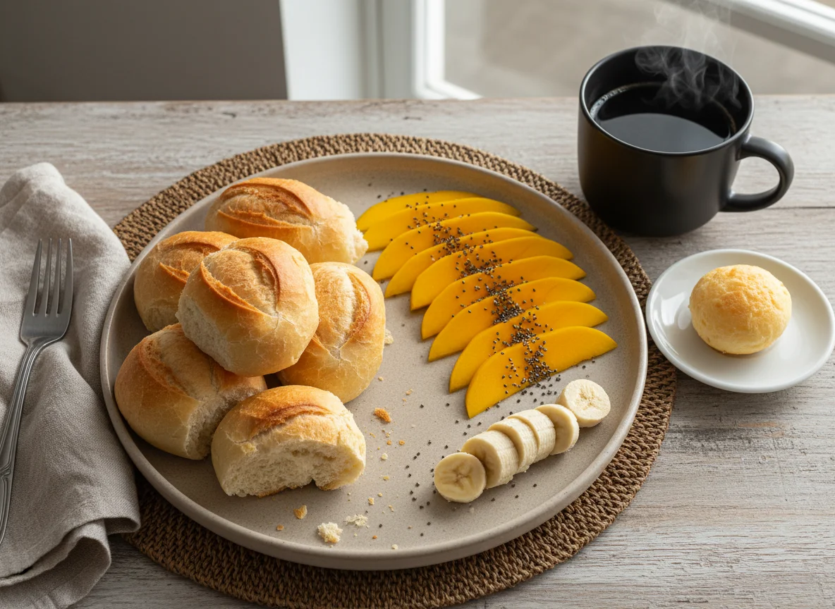 Café da manhã com pão, frutas e café photo
