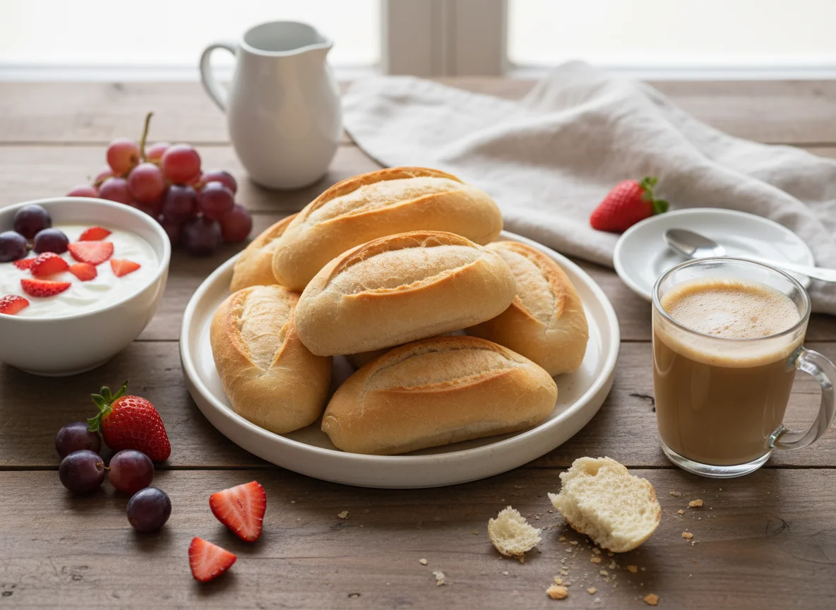Café da manhã com pão, frutas e café com leite photo