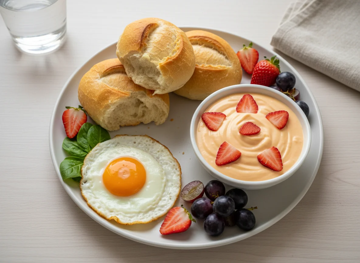 Café da manhã com pão, frutas e iogurte photo