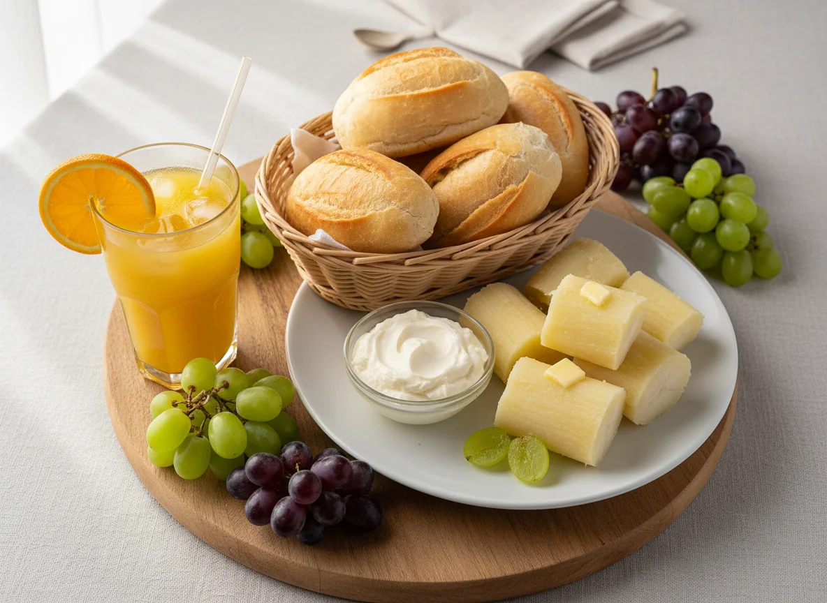 Café da manhã com pão, frutas e suco photo