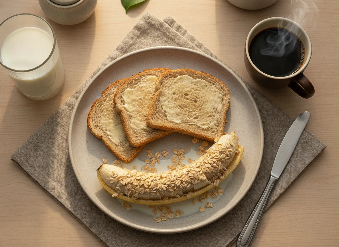 Café da manhã com pão integral, banana com aveia e café photo