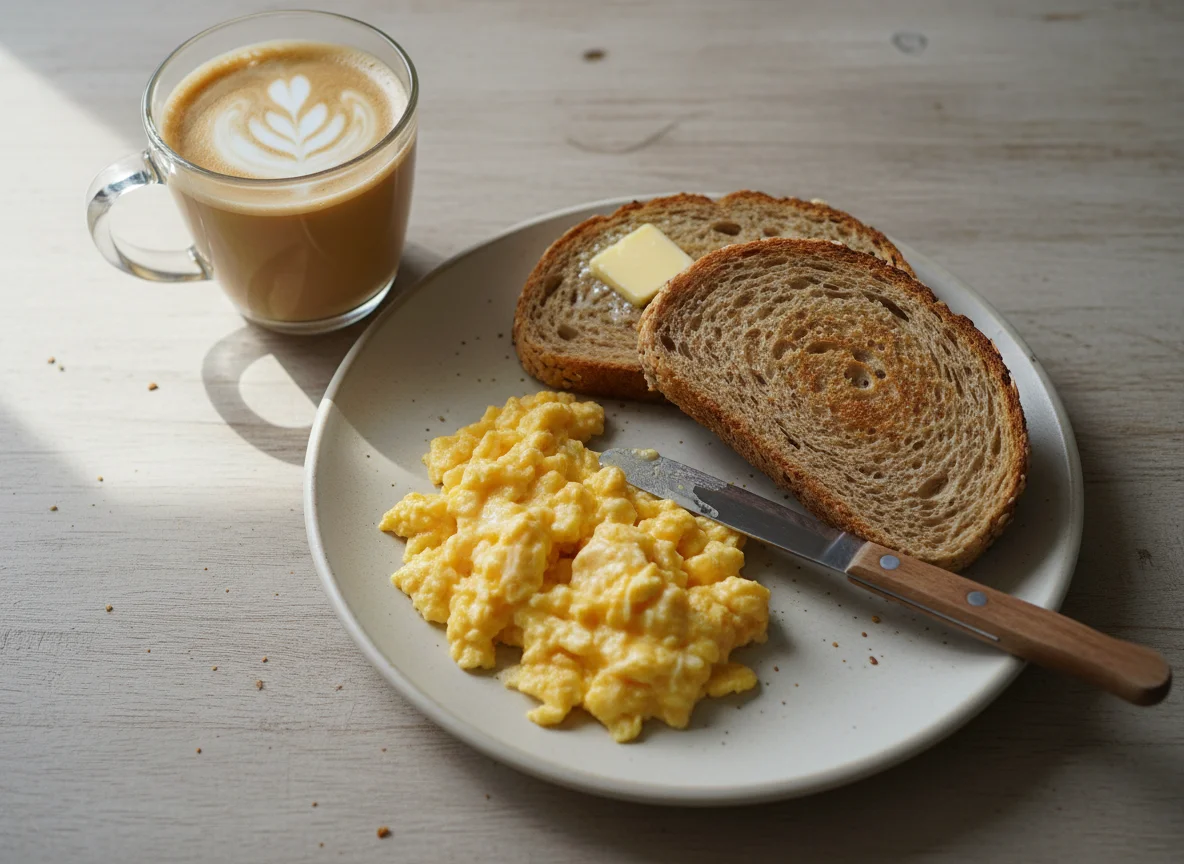 Café da manhã com pão integral e ovos mexidos photo