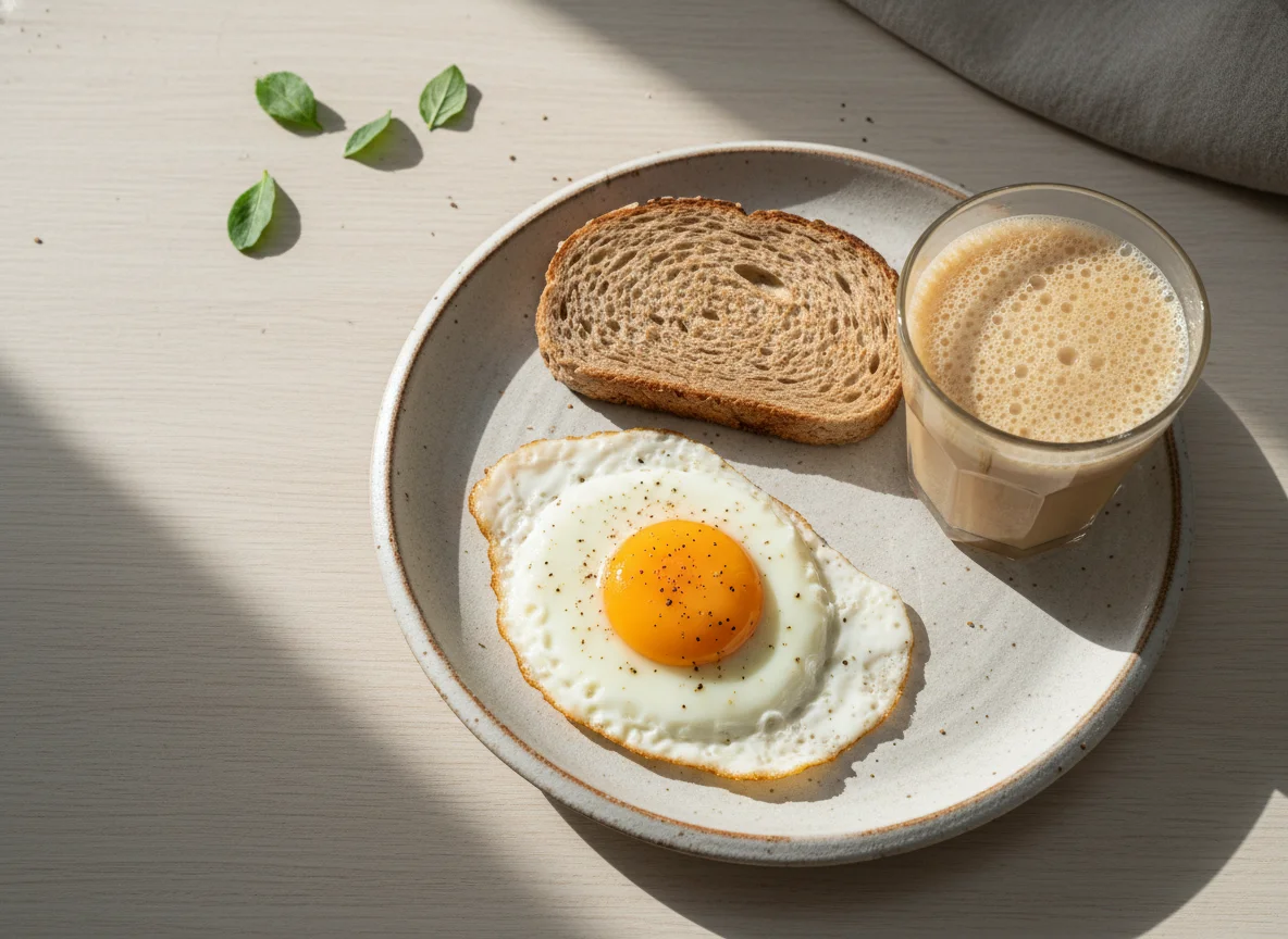 Café da manhã com pão integral, ovo frito e bebida láctea photo
