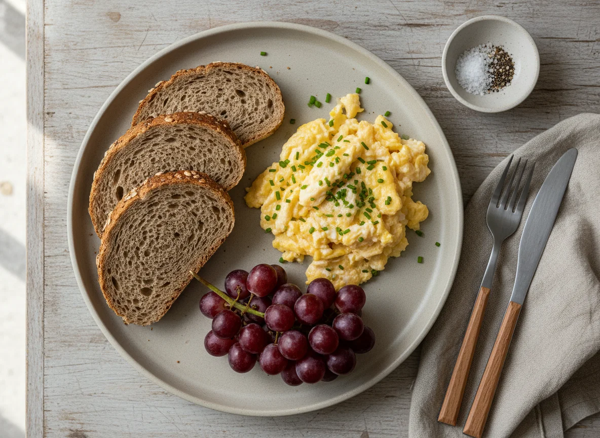 Café da manhã com pão integral, ovos mexidos e uvas photo