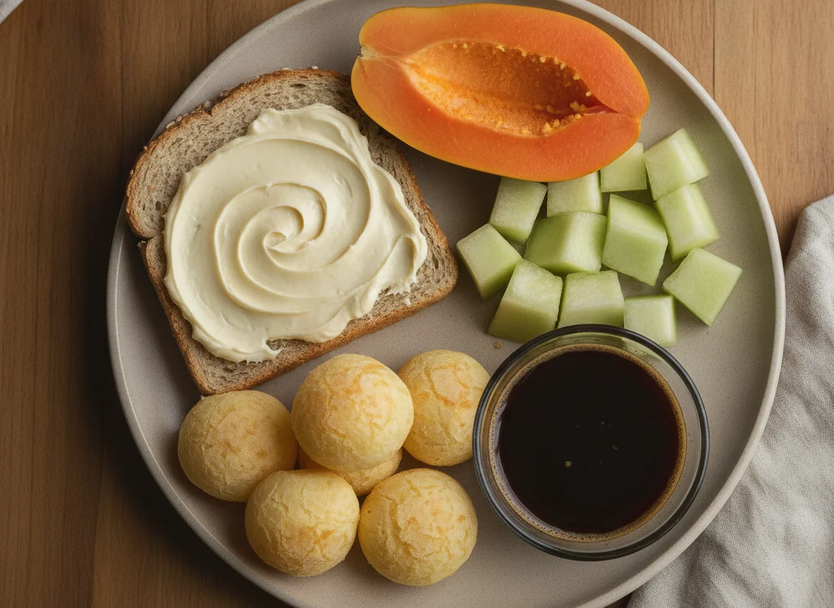Café da manhã com pão integral, pão de queijo, frutas e café photo