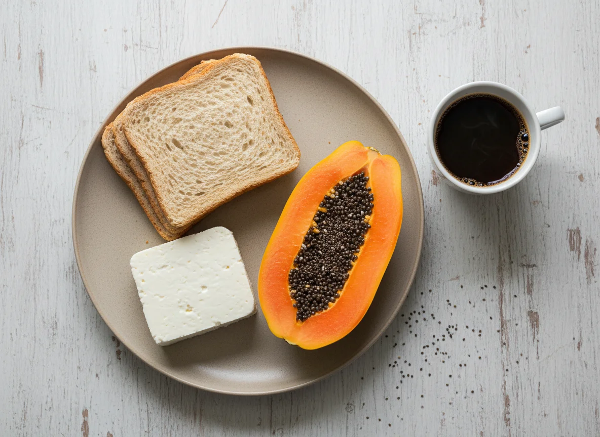 Café da manhã com pão integral, queijo branco, mamão com chia e café preto photo