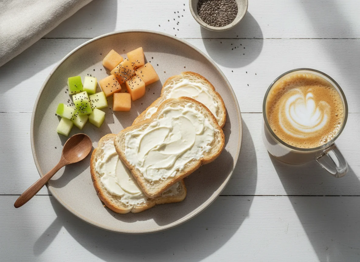 Café da manhã com pão, maçã, melão e bebida láctea photo