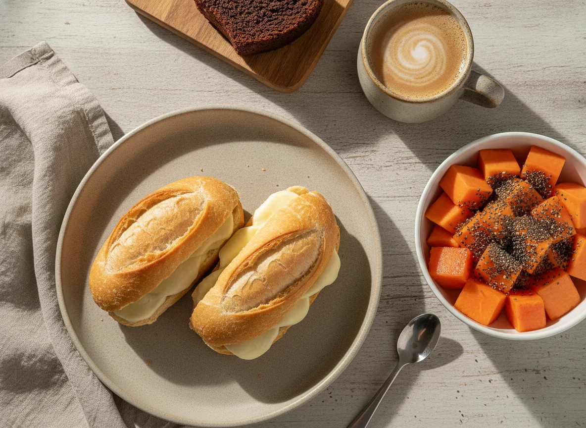 Café da manhã com pão, mamão com chia, bolo e café com leite photo