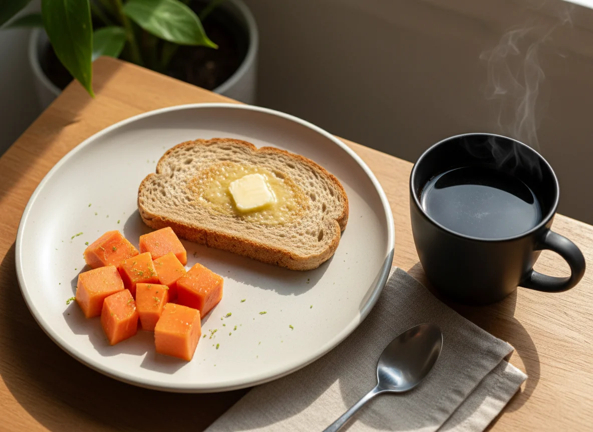 Café da manhã com pão, mamão e café photo