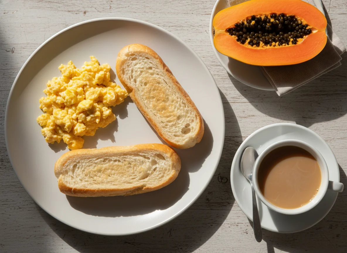 Café da manhã com pão, mamão e café com leite photo