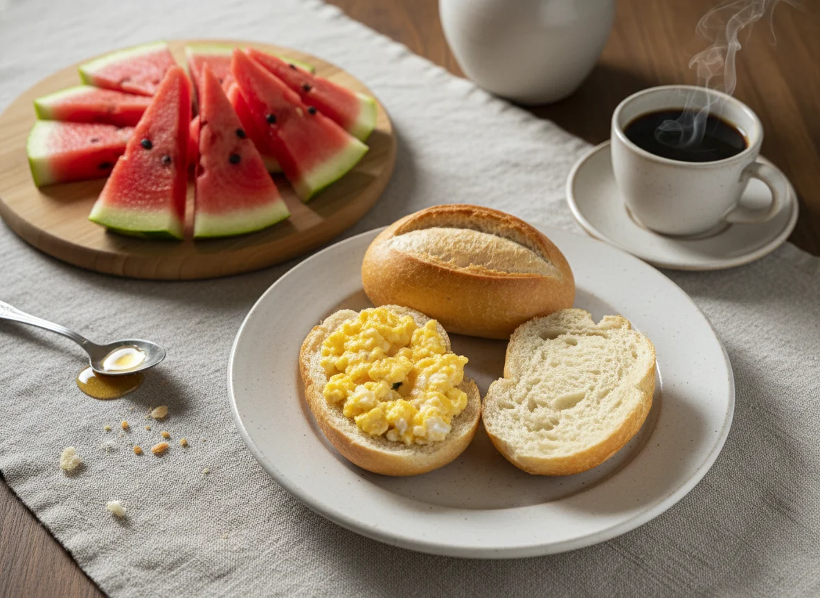Café da manhã com pão, melancia e café photo