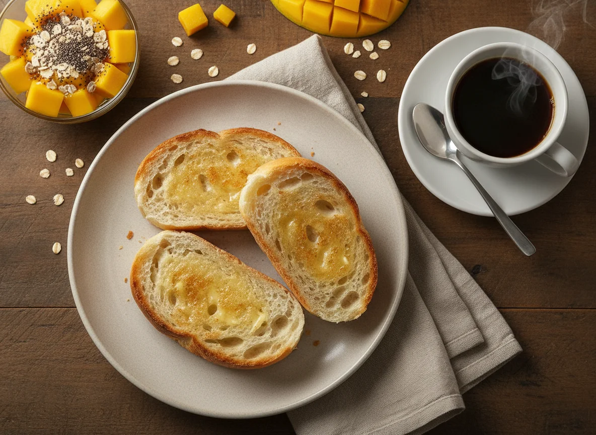 Café da manhã com pão na chapa, frutas com aveia e café photo