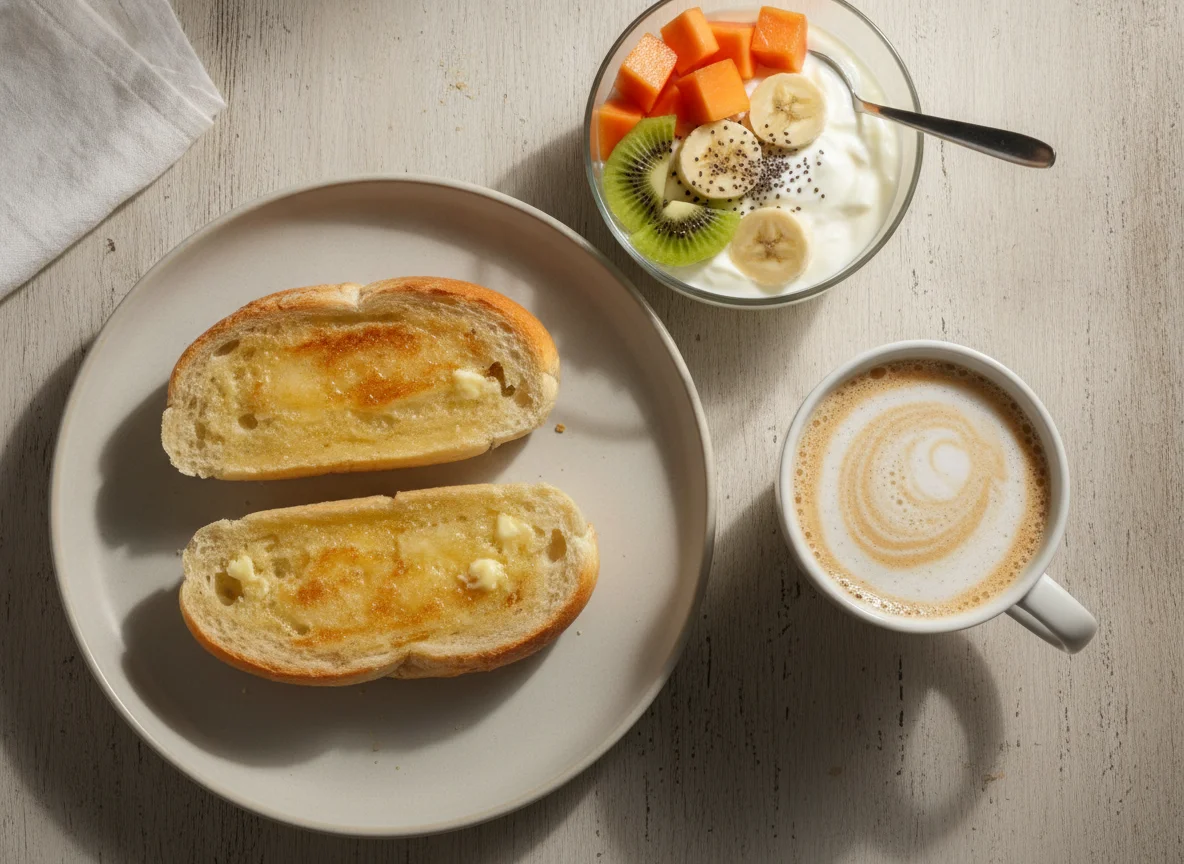 Café da manhã com pão na chapa, iogurte com frutas e café com leite photo