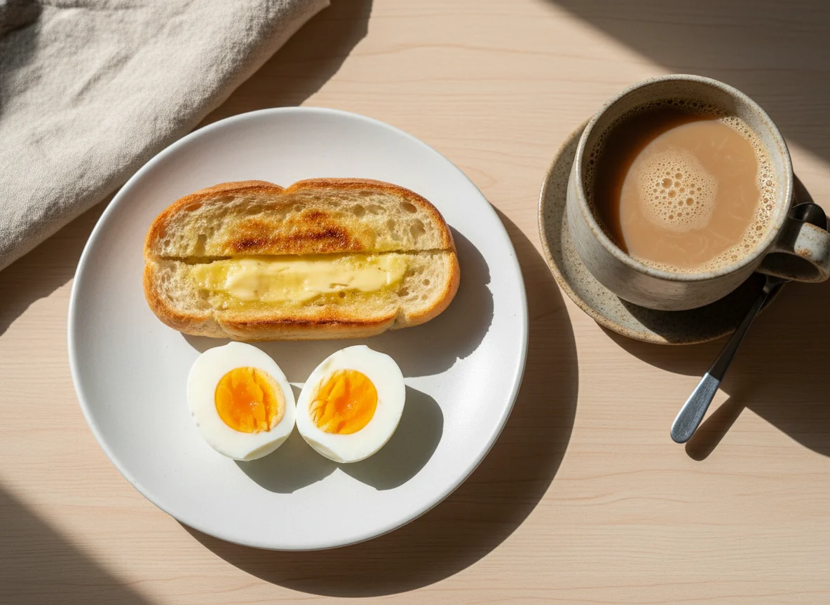 Café da manhã com pão na chapa, ovos cozidos e café com leite photo