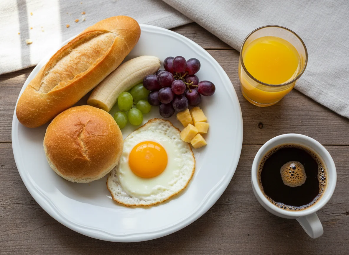 Café da manhã com pão, ovo, banana e uvas photo