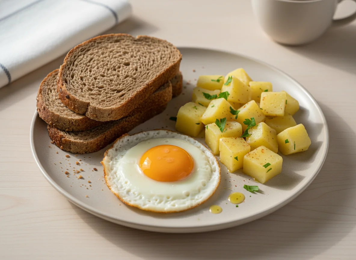 Café da manhã com pão, ovo e batata photo