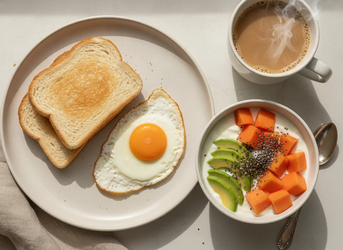 Café da manhã com pão, ovo, frutas e café com leite photo