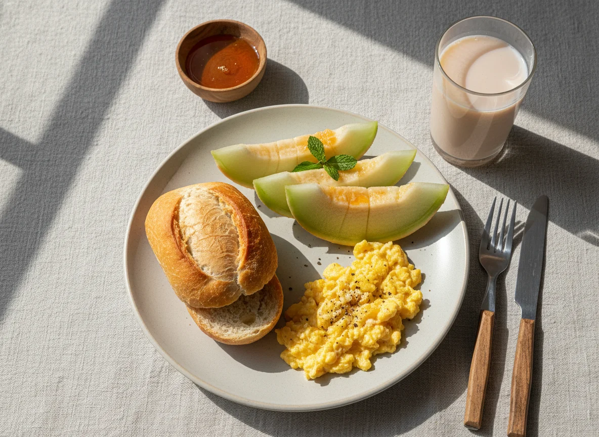 Café da manhã com pão, ovo, melão e bebida láctea photo