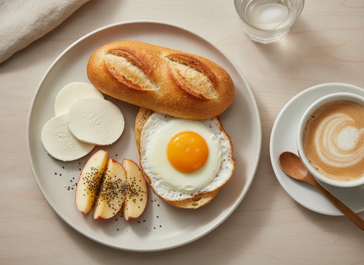 Café da manhã com pão, ovo, queijo, maçã com chia e café com leite photo