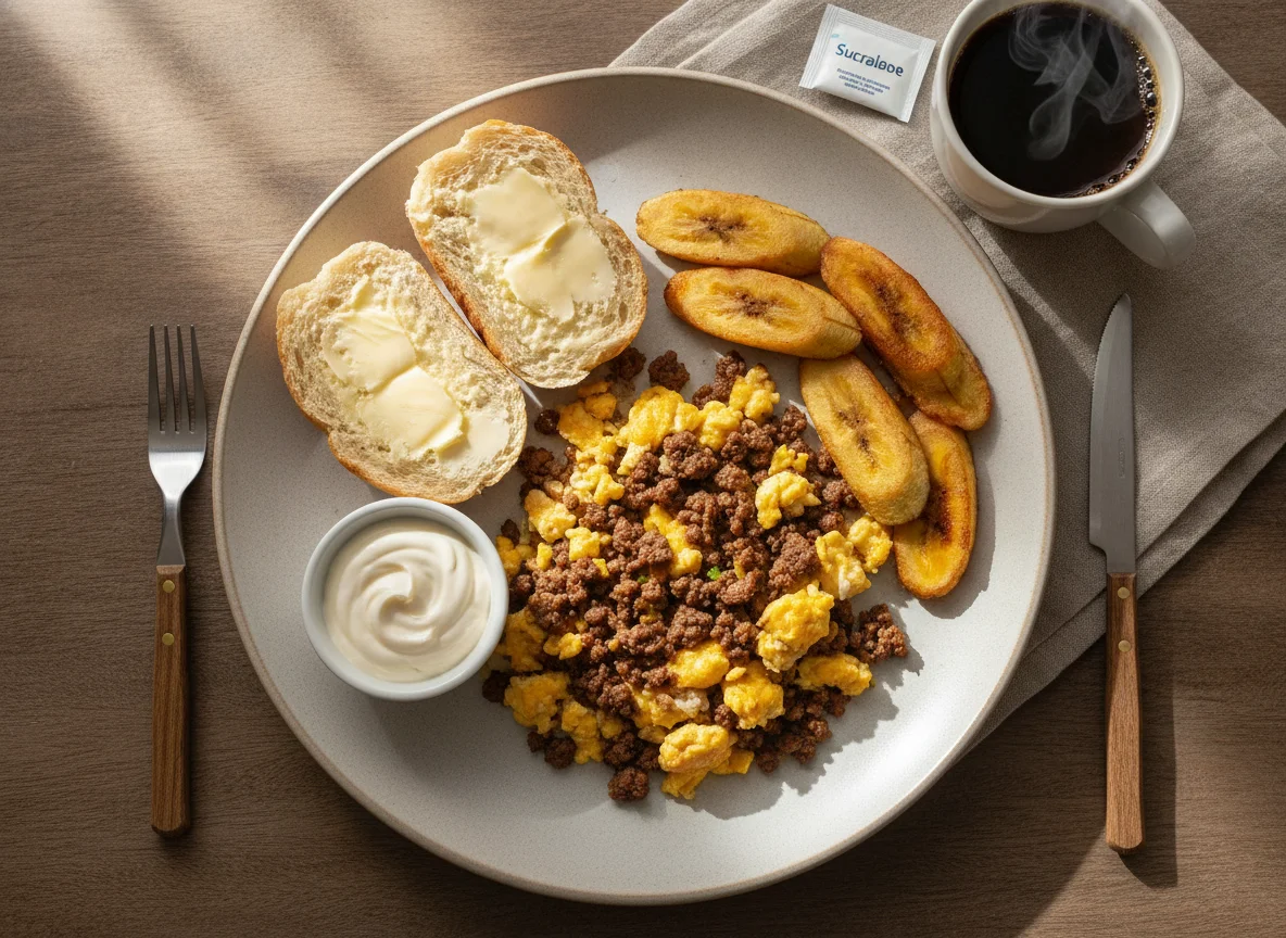 Café da manhã com pão, ovos, carne e banana frita photo