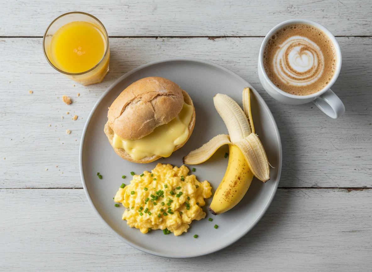 Café da manhã com pão, ovos e banana photo