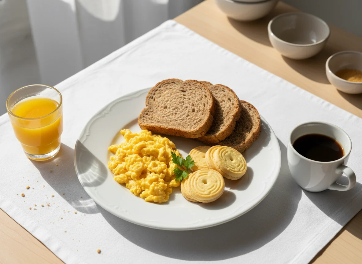 Café da manhã com pão, ovos e biscoitos photo