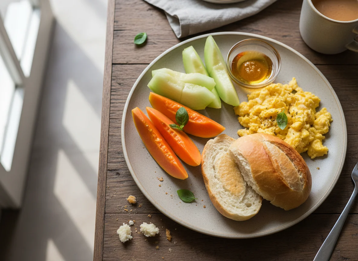 Café da manhã com pão, ovos e frutas photo
