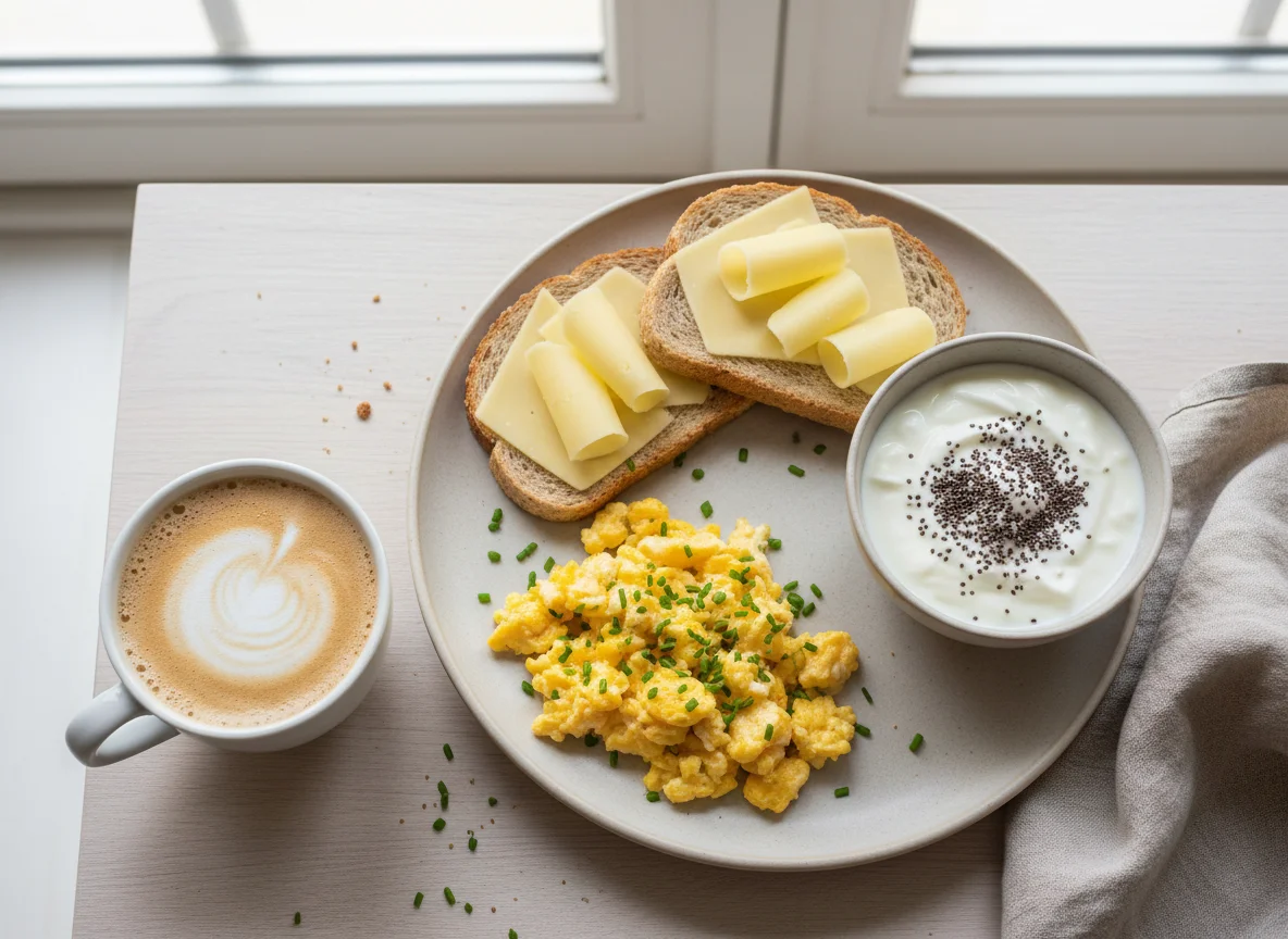 Café da manhã com pão, ovos e iogurte photo