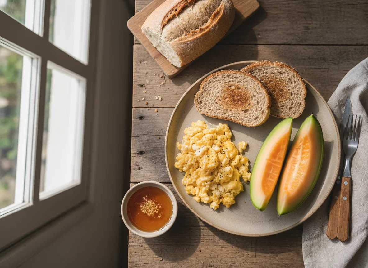 Café da manhã com pão, ovos e melão photo