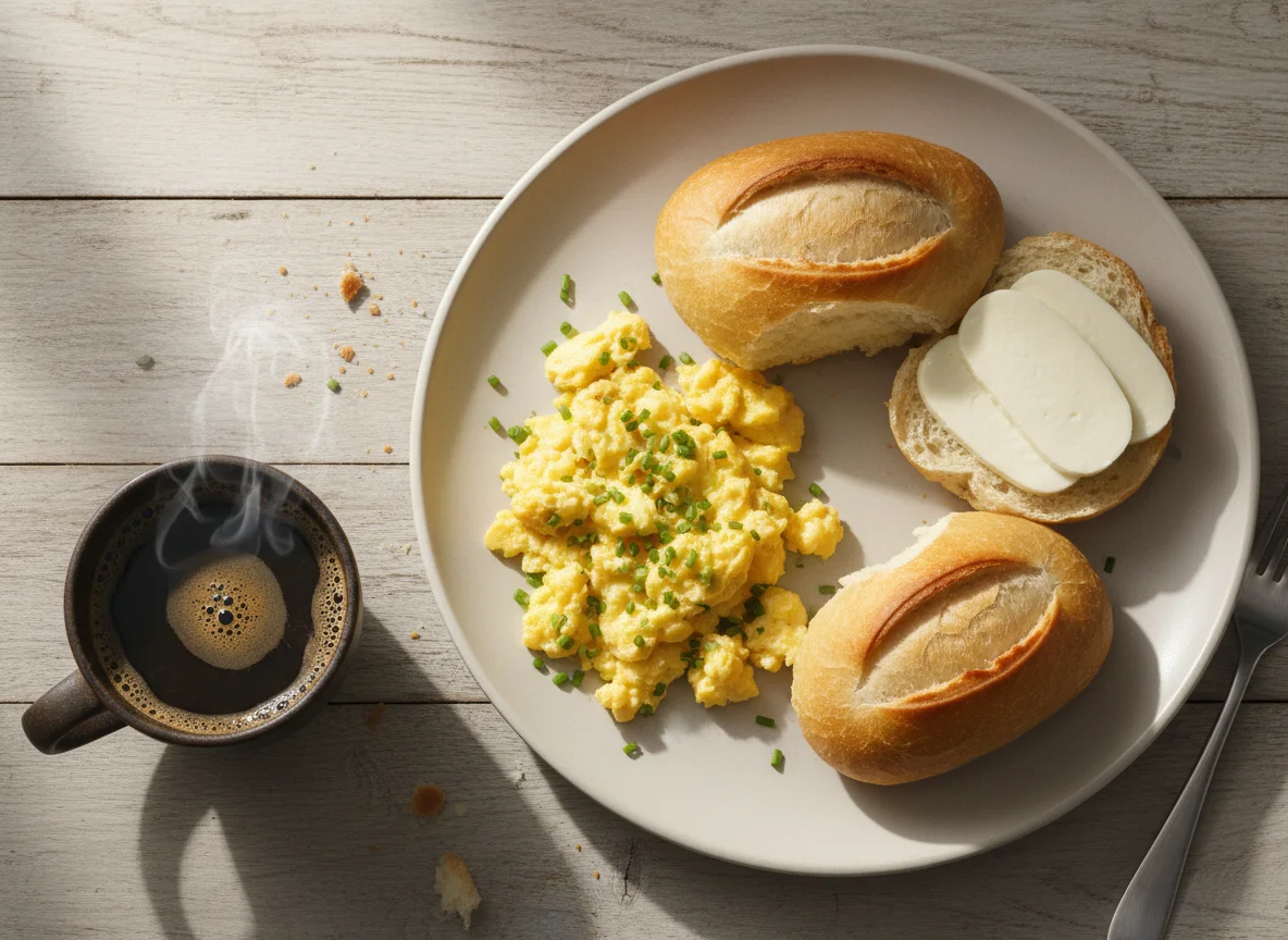 Café da manhã com pão, ovos e queijo photo