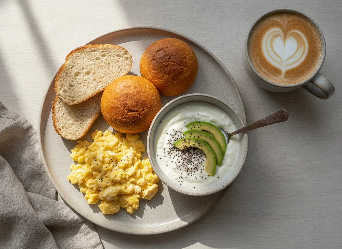 Café da manhã com pão, ovos, iogurte com abacate e café com leite photo
