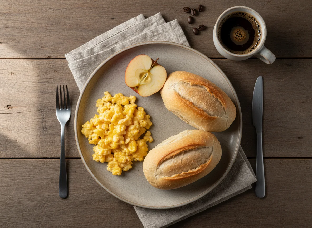 Café da manhã com pão, ovos, maçã e café photo