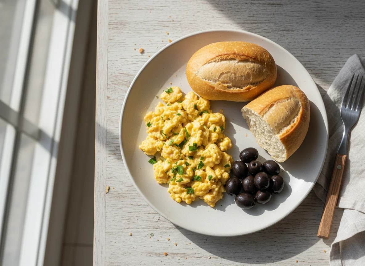 Café da manhã com pão, ovos mexidos e azeitonas photo
