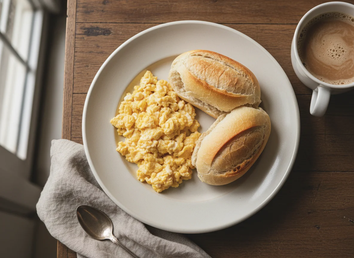 Café da manhã com pão, ovos mexidos e café com leite photo