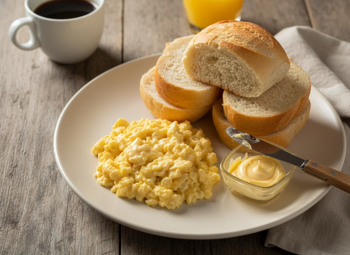 Café da manhã com pão, ovos mexidos e margarina photo