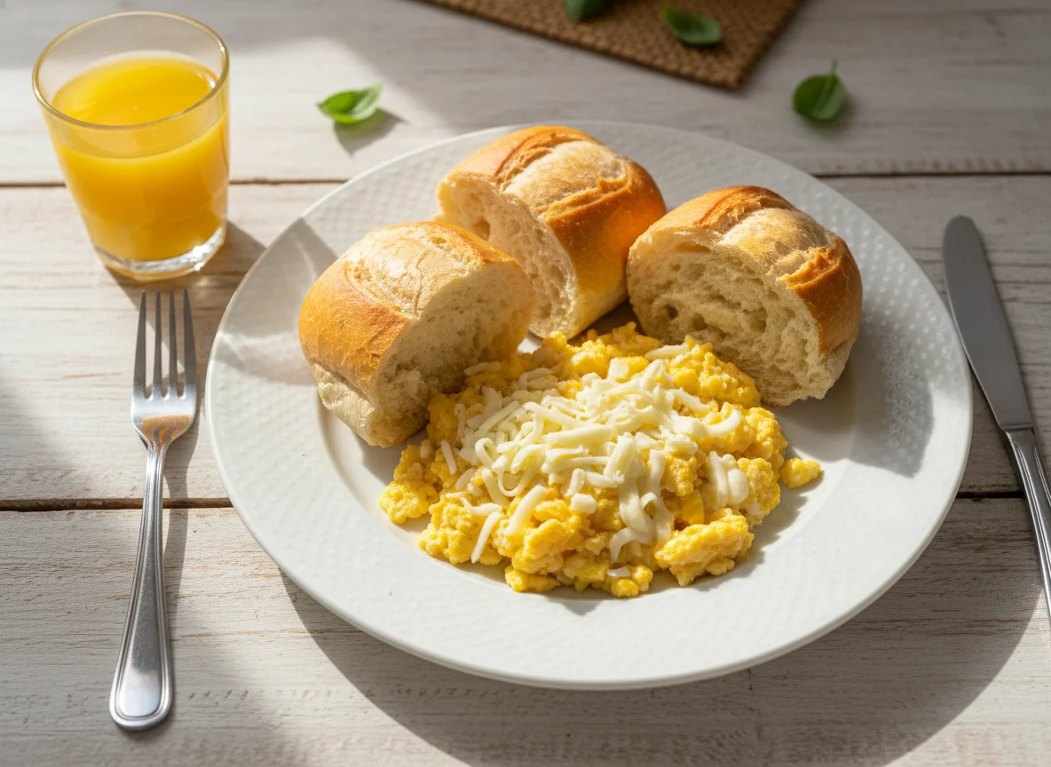 Café da manhã com pão, ovos mexidos e mussarela photo