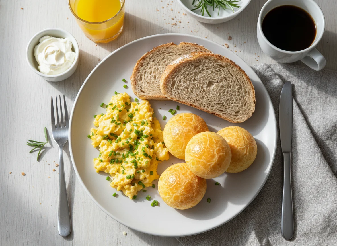 Café da manhã com pão, ovos mexidos e pão de queijo photo
