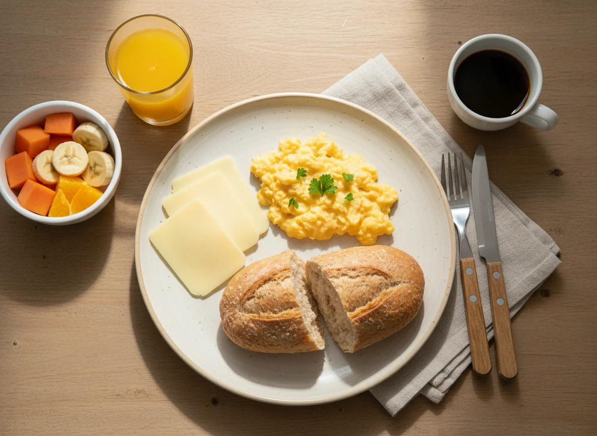 Café da manhã com pão, ovos mexidos e queijo photo
