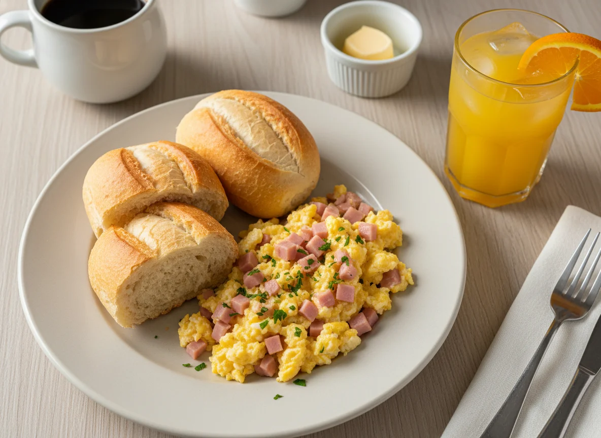 Café da manhã com pão, ovos mexidos e suco photo